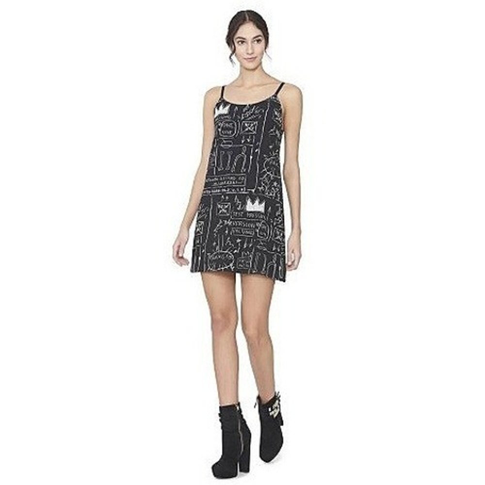 Alice + Olivia x Basquiat Beat Bop Silk Slip Mini Dress Size M Womens Blk/Wh EUC